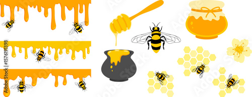 Vector Honey set. Bees and honeycomb, dripping honey seamless border, pot, flower illustration isolated on white background. Hand drawn print, design element collection.