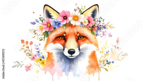 Hand-Painted Fox Face with Bright Wildflower Wreath and Splash Effects