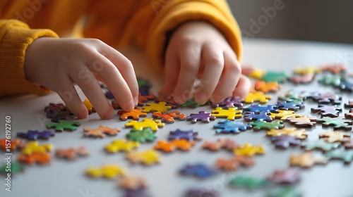 Child's Hands Completing a Colorful Jigsaw Puzzle Game on a White Table