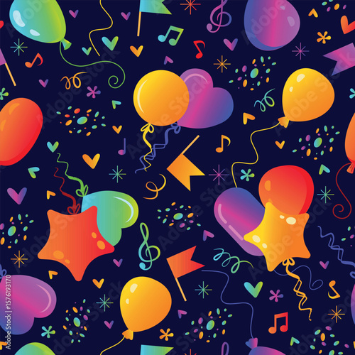 Bright seamless vector pattern with balloons, stars and confetti on dark blue. Neon accents in pink, yellow, green. Perfect for party decor, gift wrap, holiday backgrounds.