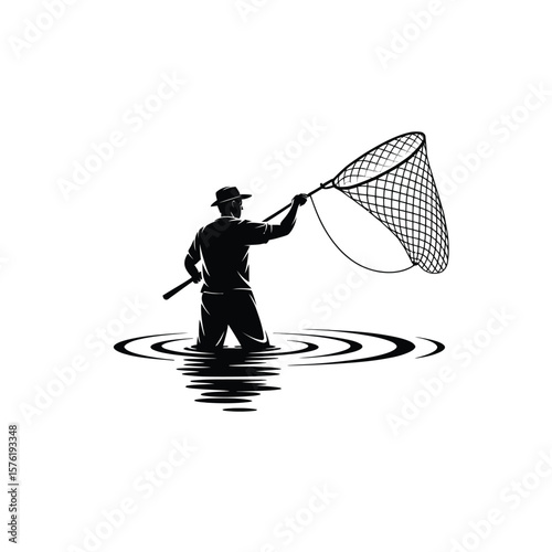 Fisherman casting a net vector silhouette