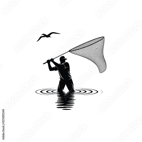 Fisherman casting a net vector silhouette