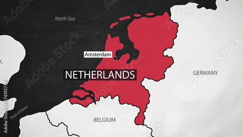 Netherlands Map - Fast Zooming from World Map. Animated Motion Graphics Shape Map of the Netherlands. 4K Resolution Stock Video for News, Vlogs etc.