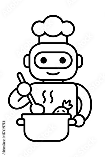 Robot chef cooking in pot and stirring vegetables on stovetop  