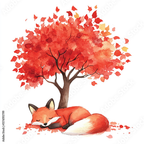 Sleepy Fox Beneath a Vibrant Autumn Tree