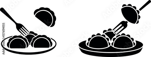 Black silhouette icons of dumplings on plates with forks and one dumpling in the air