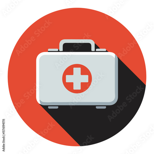 First aid kit with red cross symbol and text on a circular background.