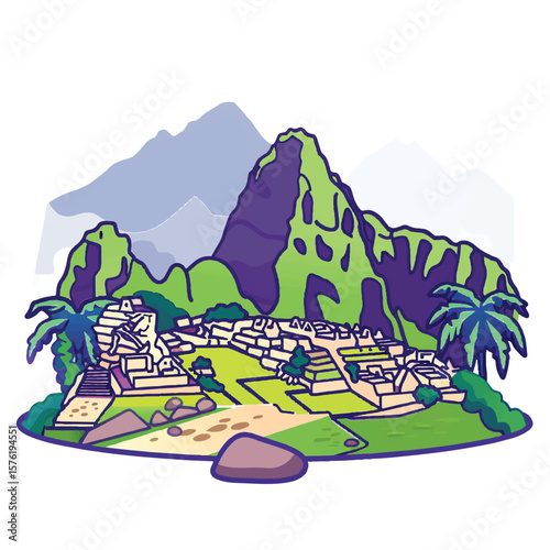 Stylized Machu Picchu Illustration with Lush Green Mountains