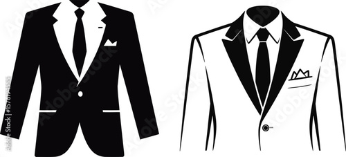 Two stylized icons of men s suits with ties and pocket squares
