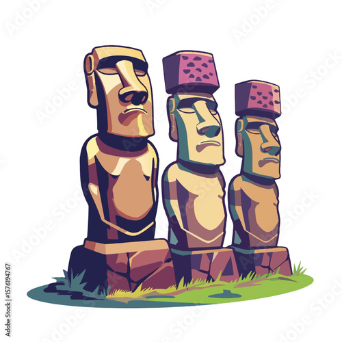 Stylized Moai Statues with Unique Headwear Grassy Base