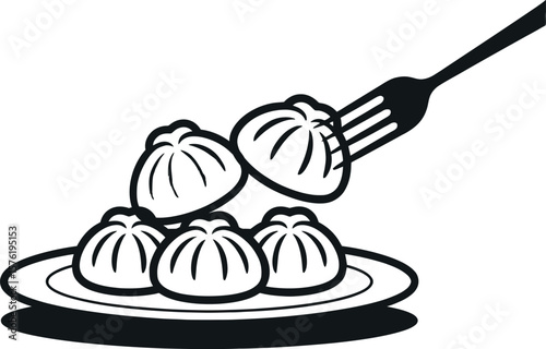Black and white illustration of dumplings on a plate with a fork lifting one