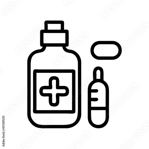 Medical healthcare line icon set. Vector pictograms of stethoscope, thermometer, syringe, pill, medicine, emergency, cross, heart, blood test, ambulance, bed, telehealth