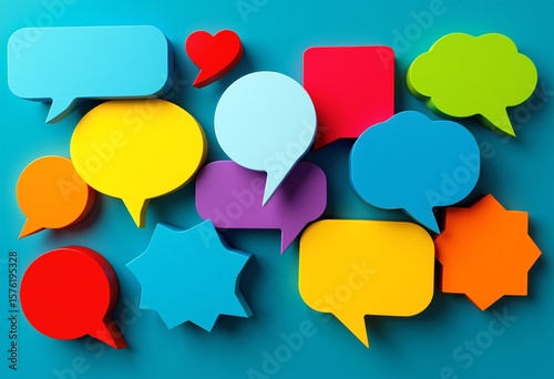 A wall of colorful speech bubbles with a blue background. The speech bubbles are of different sizes and colors, and they are arranged in a way that creates a sense of conversation or dialogue