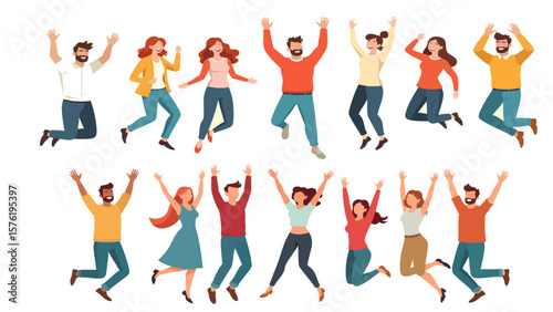 Wallpaper Mural Icons Pack  Joyful Celebration of People Jumping for Happiness in a Vibrant Urban Setting - Colorful Illustration of Togetherness and Fun Torontodigital.ca