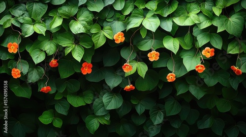 Lush greenery with vibrant orange flowers cascading downwards.
