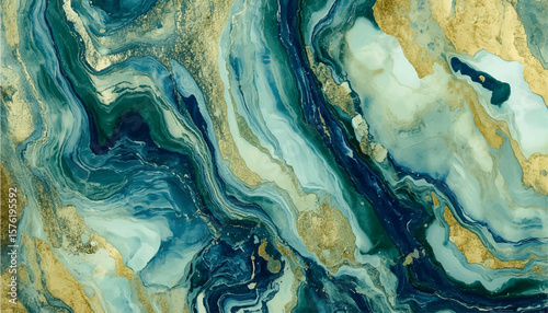 Abstract gold blue malachite marble fluid art texture