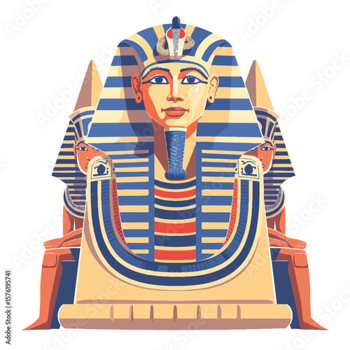 Stylized Pharaohs Bust with Striking Blue and Gold Headdress and Throne
