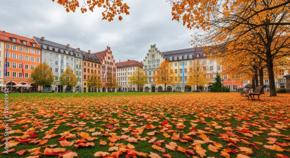 Obraz premium Autumnal Square with Colorful Buildings and Fallen Leaves Scenic View.