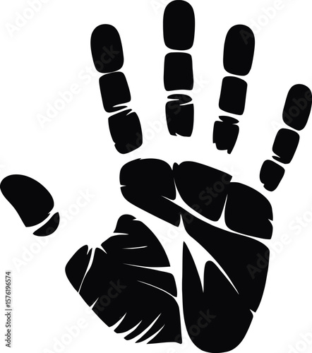 Black handprint with five fingers spread wide against a white background