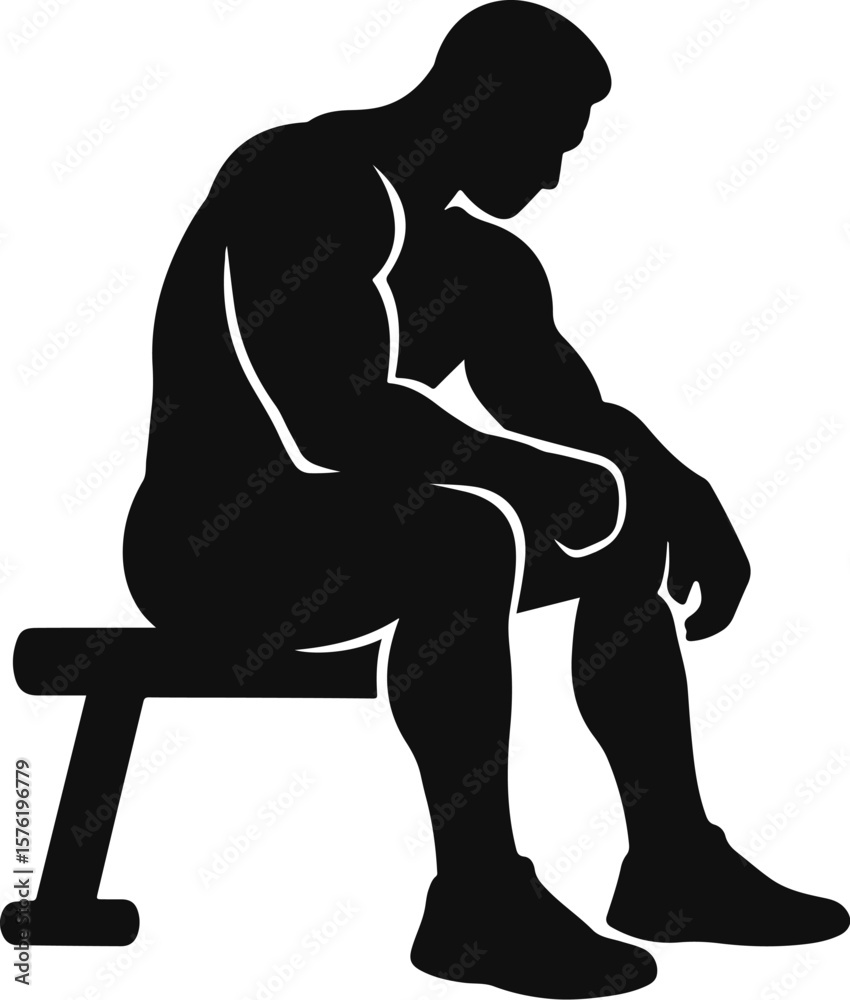 Fototapeta premium Vector icon of muscular male figure sitting on gym bench in silhouette style with bowed head and arms resting on knees, symbolizing strength, introspection, rest, physical recovery, fitness discipline