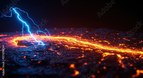 Electric Blue Lightning Striking Molten Lava Flow Fiery Volcanic Digital Art