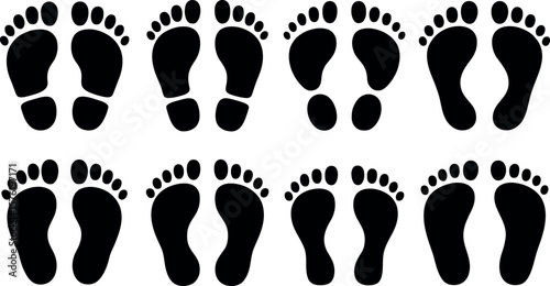 Collection of black footprint icons in various styles and arrangements on a white background