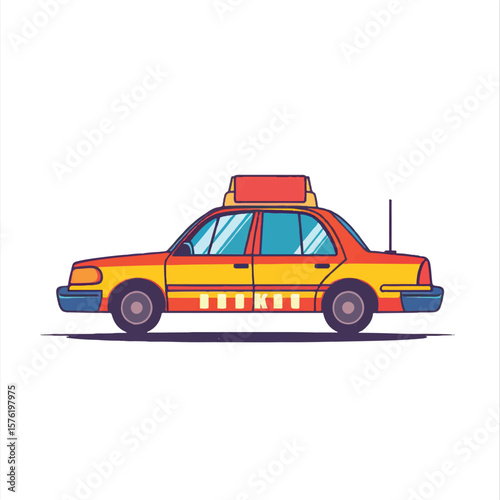 Stylized Yellow and Red Taxi Cab with Blue Trim and Antenna