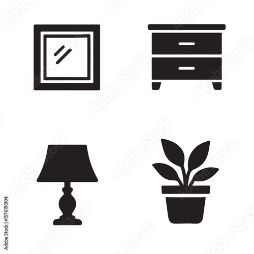 Set of four black icons representing home decor and furniture elements
