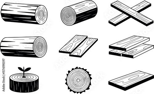 Collection of stylized black and white illustrations of wood products and lumber