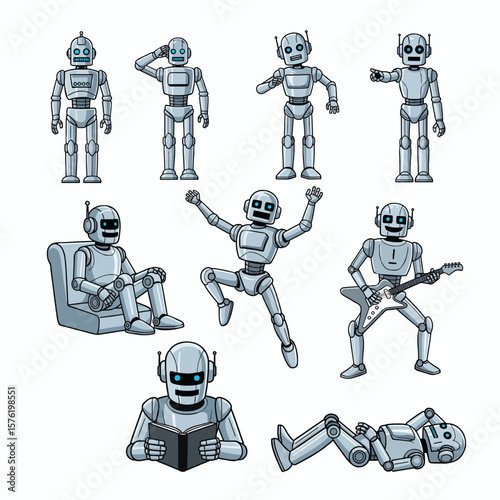 Cute cartoon robot character set in various poses vector illustration