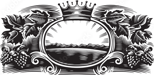 crown with ornate flourishes, grape vines illustration