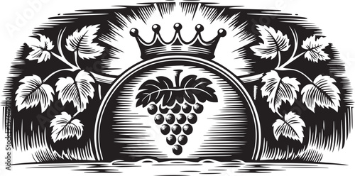 crown with ornate flourishes, grape vines illustration