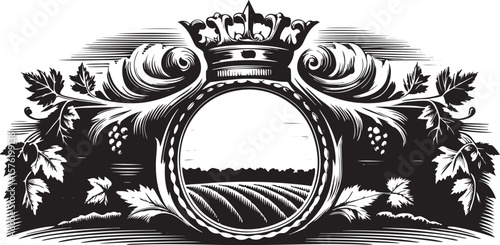 crown with ornate flourishes, grape vines illustration