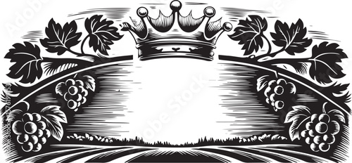 crown with ornate flourishes, grape vines illustration