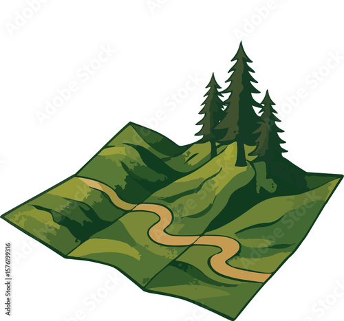 Vector illustration of a stylized forest trail map with winding path, pine trees, and hilly terrain, symbolizing outdoor exploration, adventure travel, nature trails, hiking routes, scenic navigation,