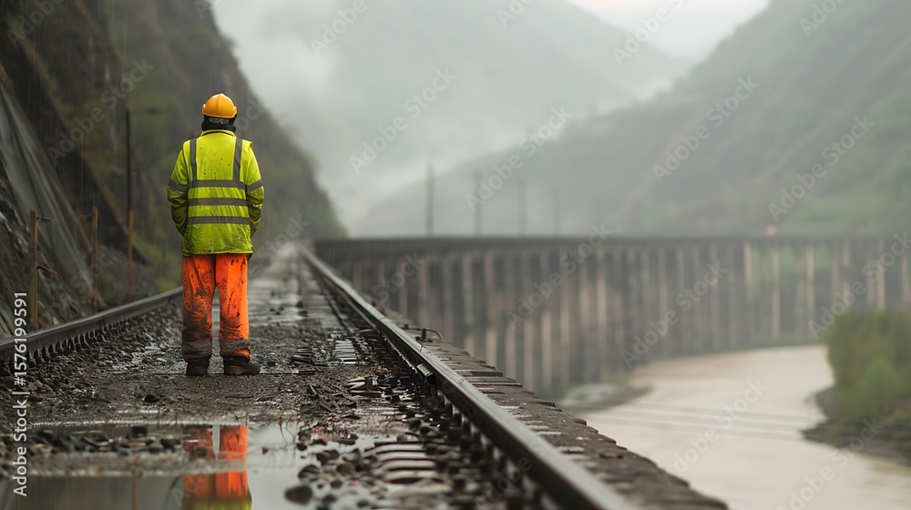 Naklejka premium Railway Worker in Rain, Overlooking Industrial Landscape