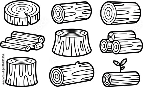 Collection of stylized black and white wood logs and stumps