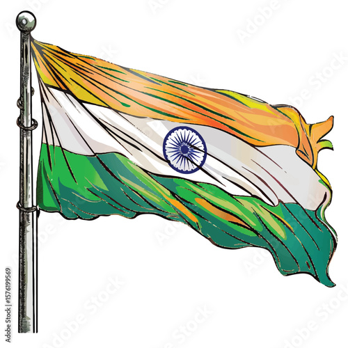 Vibrant Indian Flag Waving on a Pole Artistic Render