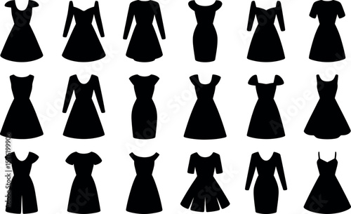 Collection of black silhouette dresses featuring various styles and sleeve lengths