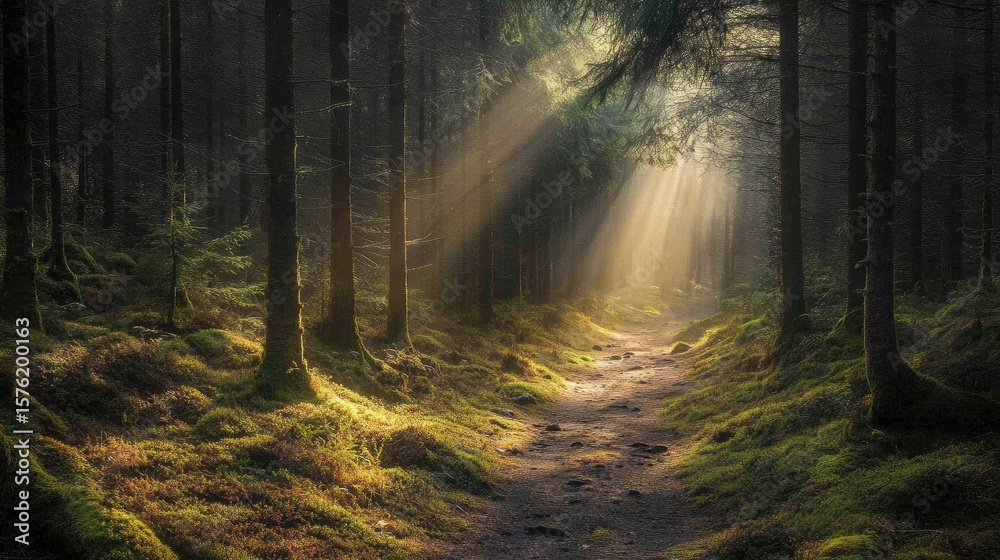 Naklejka premium Sunlight streams through a tranquil forest path.