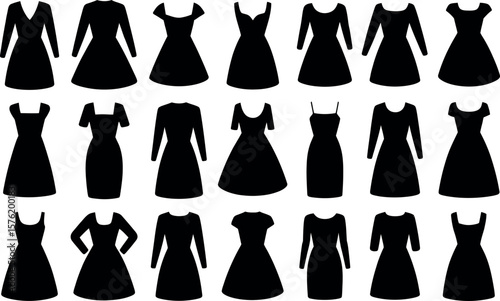 Collection of black dress silhouettes featuring various necklines and sleeve lengths