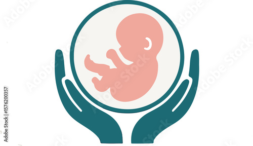 Vector illustration of a fetus inside a womb held gently by two hands in a circular frame, symbolizing prenatal care, maternal protection, unborn child safety, and medical support, ideal for pregnancy