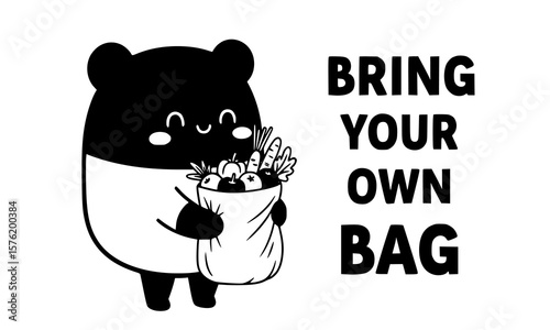 A cute cartoon tapir holding a bag of groceries encourages people to bring their own bag