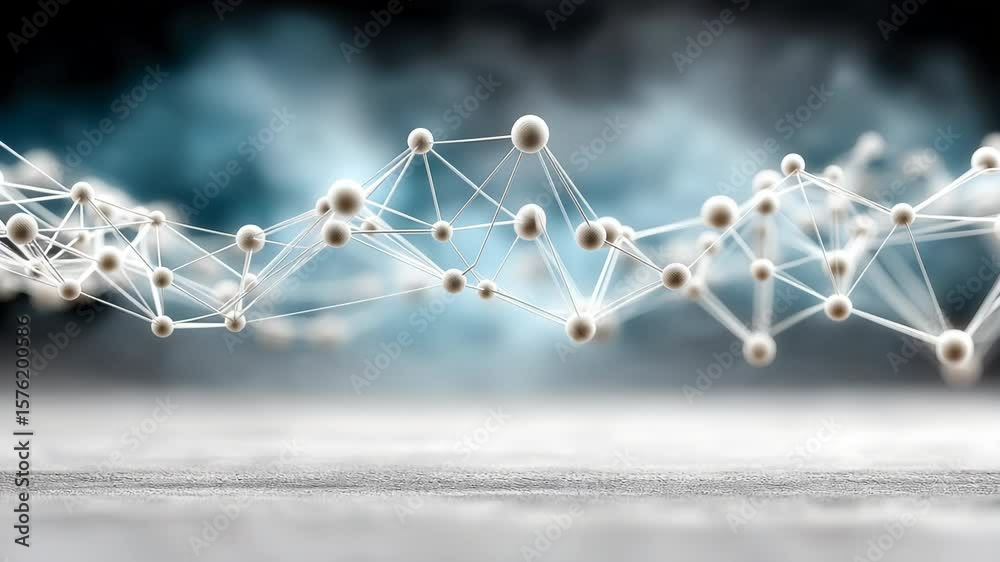 Close-up of molecular structure with connected white spheres on dark background. Abstract scientific image symbolizing chemistry, biotechnology and nanotechnology.