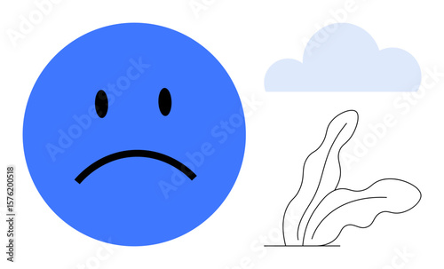 Blue unhappy emoticon beside soft cloud and abstract leaf shapes. Ideal for emotions, mental health, sadness, melancholy, communication, expression, and awareness. Clean simple flat metaphor