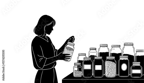 A woman carefully selects a jar from a shelf filled with various food containers