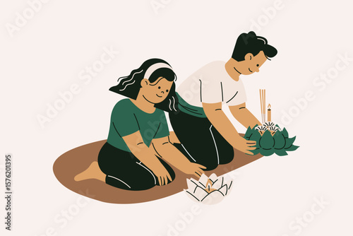Illustration of Couple Celebrating Loy Krathong Festival