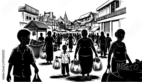 A bustling street market with diverse people carrying shopping bags and browsing goods