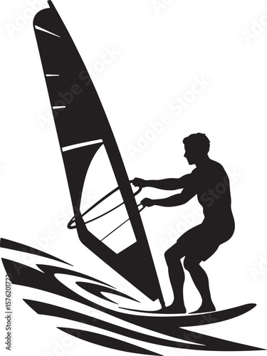 Dynamic Windsurfer on Water Silhouette