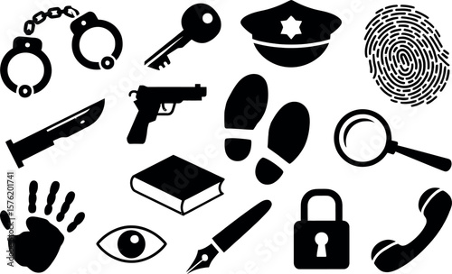 Collection of black crime and investigation icons on a white background